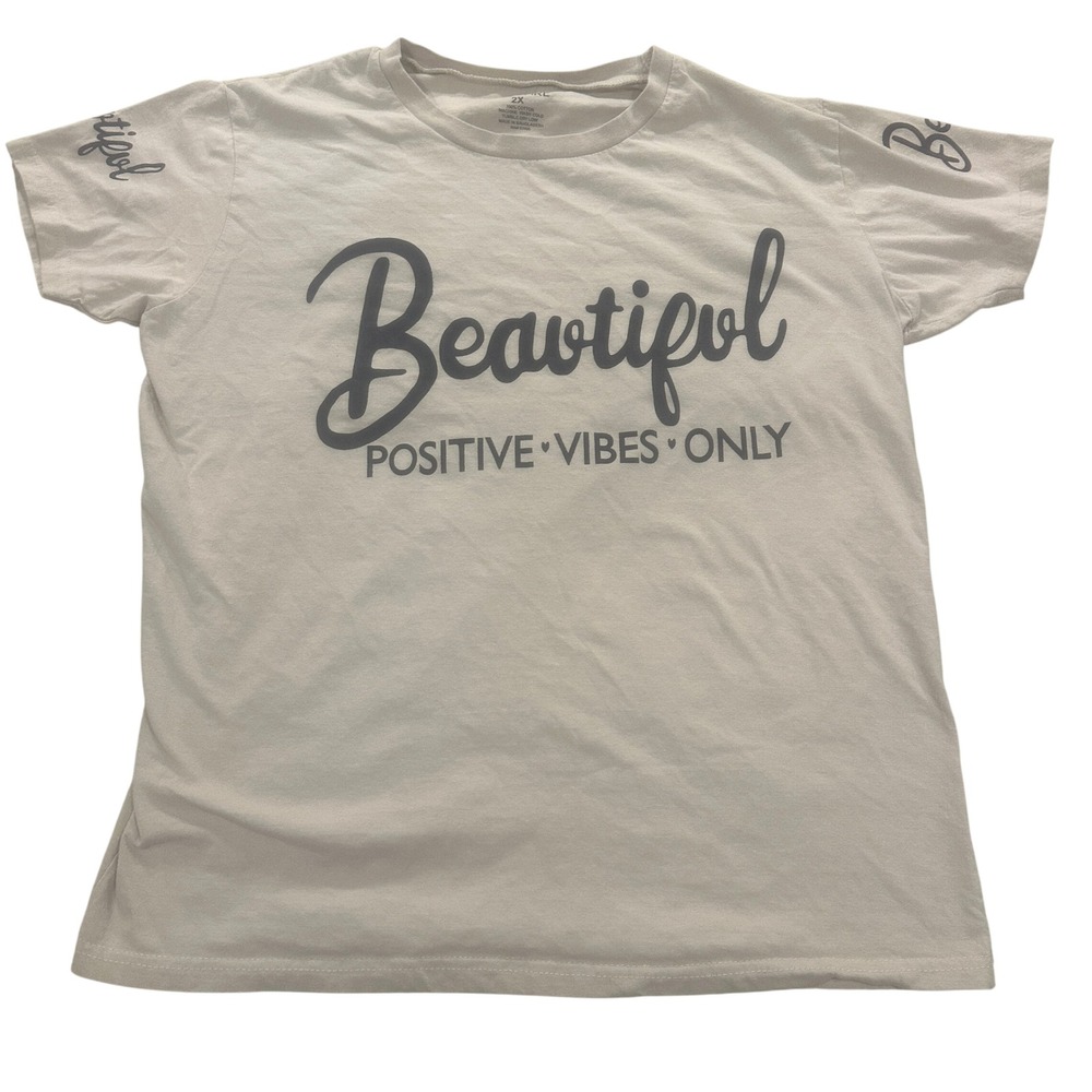 On Fire Positive Vibes Only Graphic‎ Tee Womens 2X Beige Beautiful Strong Shirt